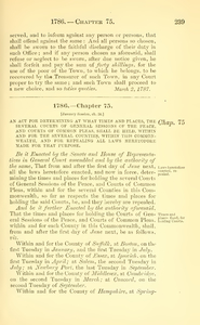 1786 Chap. 0075 An Act For Determining At What Times And Places, The Several Courts Of General Sessions Of The Peace, And Courts Of Common Pleas, Shall Be Held, Within And For The Several Counties, Within This Commonwealth, And For Repealing All Laws Heretofore Made For That Purpose.