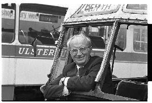 Mr. Verner Heubeck, former owner of Ulsterbus. Portraits. He got a reputation for personally removing IRA bombs from buses. Some shots taken in a 1960s Ulsterbus