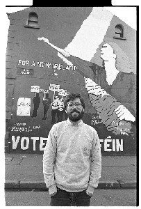 Extra shots of Gerry Adams, President of Sinn Fein, in confrontation with Mairead Corrigan, co-founder of the Peace People, in front of a Sinn Fein republican wall mural on the Falls Road, Belfast