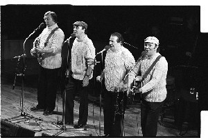 Clancy Brothers and Tommy Makem singers and recording artists. Reunion Concert, Ulster Hall, Belfast. Showing stage and crowd