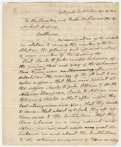 Zephaniah Swift Moore letter to the Preceptors and Prudential Commitee of Amherst Academy, 1821 November 10