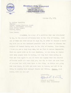 Correspondence between Albert L. O'Neil, Boston City Councilor, and Judge W. Arthur Garrity, 1974 October-November