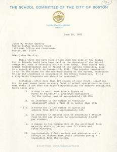 Letter from Elvira Pixie Palladino, Boston School Committee member, to Judge W. Arthur Garrity, 1981 June 10