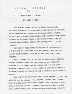 Opening statement by Senator Paul Tsongas to the Senate Subcommittee on Energy Conservation and Supply hearings on renewable energy resources