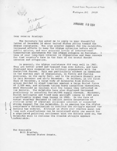 Letter to Senator Bradley from W. Tapley Bennett, Jr. responding to his letter on the United States policy towards the Afghan resistance