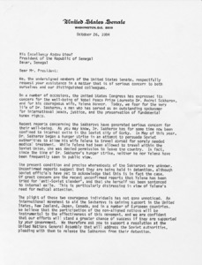 Letter to His Excellency Abdou Diouf and General Muhammadu Buhari from Senator Paul E. Tsongas and (43) other Senators requesting support of a resolution that will address the Soviet authorities pleading them to release the Sakharovs from detention.