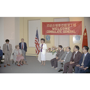 Suzanne Lee addresses members of the Consulate General of the People's Republic of China and members of the Chinese Progressive Association at a welcome party for the Consulate General