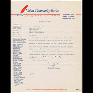 Letter from O.T. Gilmore of the United Community Services of Metropolitan Boston to Otto Phillip Snowden of Freedom House concerning use of school gymnasium
