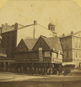 Stereograph of the Old Feather Store, Dock Square, Boston, Mass., undated