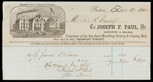 Billhead for Joseph F. Paul, Dr., carpenter & builder, Nos. 441 to 451 Tremont Street, Boston, Mass., dated December 31, 1864