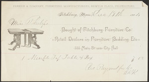 Billhead for the Fitchburg Furniture Co., retail dealers in furniture, bedding, etc. 335 Main Street, near City Hall, Fitchburg, Mass., dated December 19, 1884
