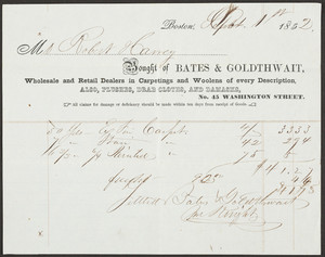 Billhead for Bates & Goldthwait, wholesale and retail dealers in carpetings and woolens of every description, No. 45 Washington Street, Boston, Mass., dated September 1, 1852