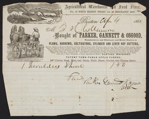 Billhead for Parker, Gannett & Osgood, dealers in agricultural equipment, nos. 49 North Market St. and 48 Merchants' Row, Boston, Mass., dated April 4, 1868
