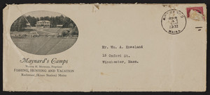 Envelope for Maynard's Camps, fishing, hunting and vacation, Rockwood Maine, dated April 4, 1932