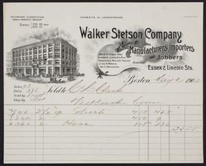 Billhead for the Walker Stetson Company, manufacturers, importers and jobbers, Essex & Lincoln Streets, Boston, Mass., dated May 2, 1902