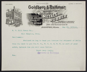 Letterhead for Goldberg & Rathman, dealers in new and old metals and rubber, 289-293 Commercial Street, Boston, Mass., dated May 26, 1906