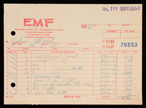 Billhead 76553, October 2, 1958, EMF Electric Supply Co. & Camera Exchange, 110-120 Brookline Street, Cambridge, Mass.