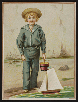Trade card with a boy in sailor suit, location unknown, undated