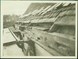 Exterior view of the roof with scaffold, Boardman House, Saugus, Mass., undated