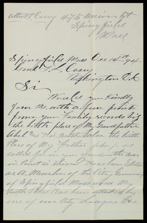 Albert Palmer Casey to Thomas Lincoln Casey, December 14, 1894