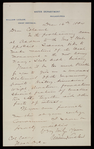 William Ludlow to Thomas Lincoln Casey, December 16, 1884