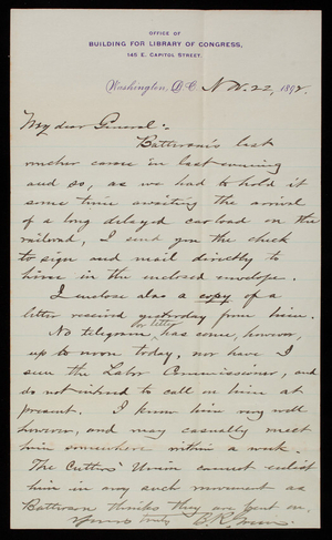 [Bernard. R.] Green to Thomas Lincoln Casey,November 22, 1892