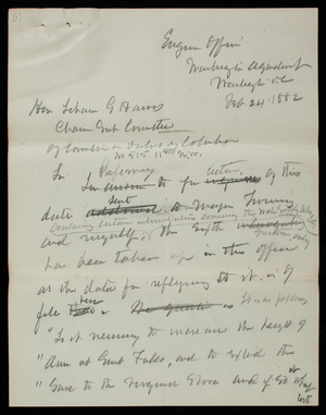 Thomas Lincoln Casey to Isham G. Harris, February 24, 1882, draft