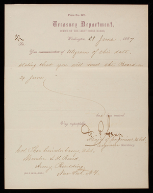 D. P. Heap to Thomas Lincoln Casey, June 28, 1887