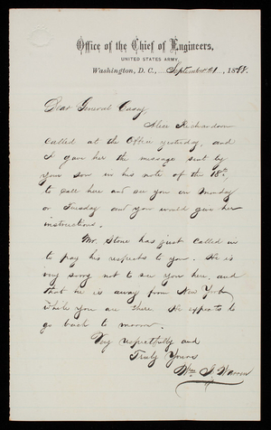 [William] J. Warren to Thomas Lincoln Casey, September 21, 1888