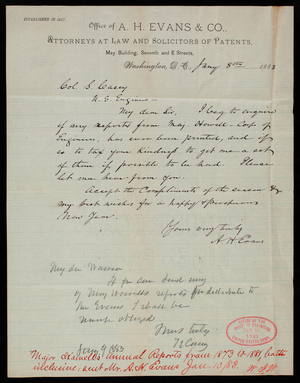 A. H. Evans to Thomas Lincoln Casey, January 8, 1883