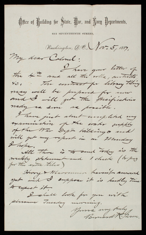 Bernard R. Green to Thomas Lincoln Casey, November 5, 1887
