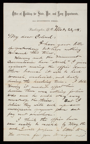 Bernard R. Green to Thomas Lincoln Casey, March 22, 1888