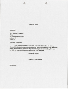 Letter from Mark H. McCormack to Bernard Lebeurre