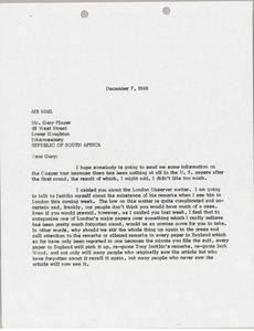 Letter from Mark H. McCormack to Gary Player