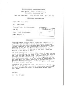 Fax from Mark H. McCormack to Eric Jonke
