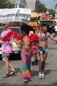 Parade marcher with a feather boa and bell-bottom pants : Provincetown Carnival parade