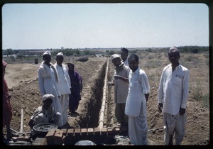 Men and women standing next to newly installed irrigation piping