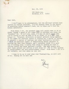 Letter from Gary Livingston to Judi Chamberlin