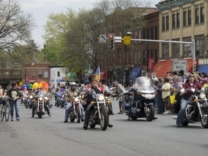 Contingent of motorcyclists riding west on Main Street: Pride Parade, Northampton