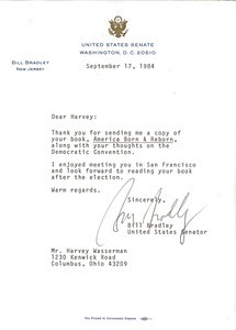 Letter from Bill Bradley to Harvey Wasserman
