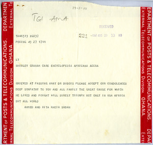 Telegram from Ahmed and Rita Kheir Sudan to Shirley Graham