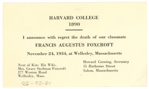 Announcement of the death of Francis Augustus Foxcroft