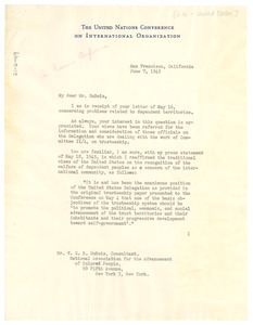 Letter from United States Delegation to United Nations Conference on International Organization to W. E. B. Du Bois