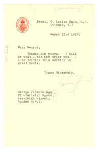 Letter from C. Leslie Hale to George Padmore