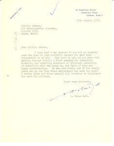 Letter from R. Palme Dutt to Shirley Graham Du Bois