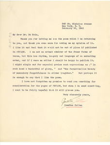 Letter from Countee Cullen to W. E. B. Du Bois