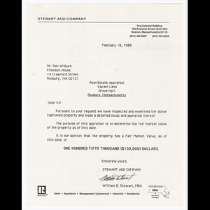 Letter from William D. Stewart to Freedom House about real estate appraisal for vacant land with appraisal and maps of land