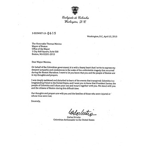 Letter to Boston Mayor Thomas Menino from Carlos Urrutia, the Colombian Ambassador to the United States