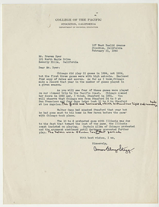 Letter from Amos Alonzo Stagg to Braven Dyer (February 21, 1940)