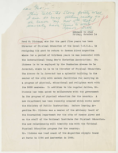 News release on Fred Dickens leaving Indianapolis Indiana (ca. October 14, 1938)